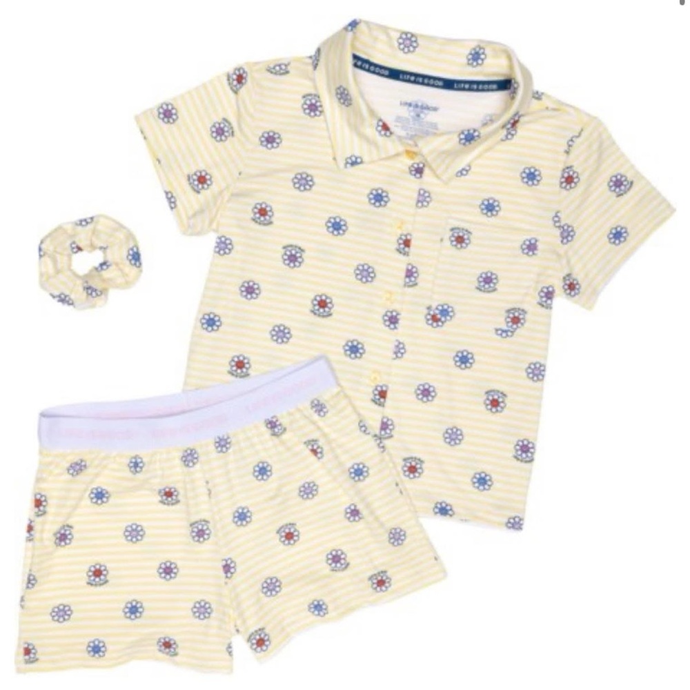Life is good Yellow Kids Pajamas Set with Floral Print